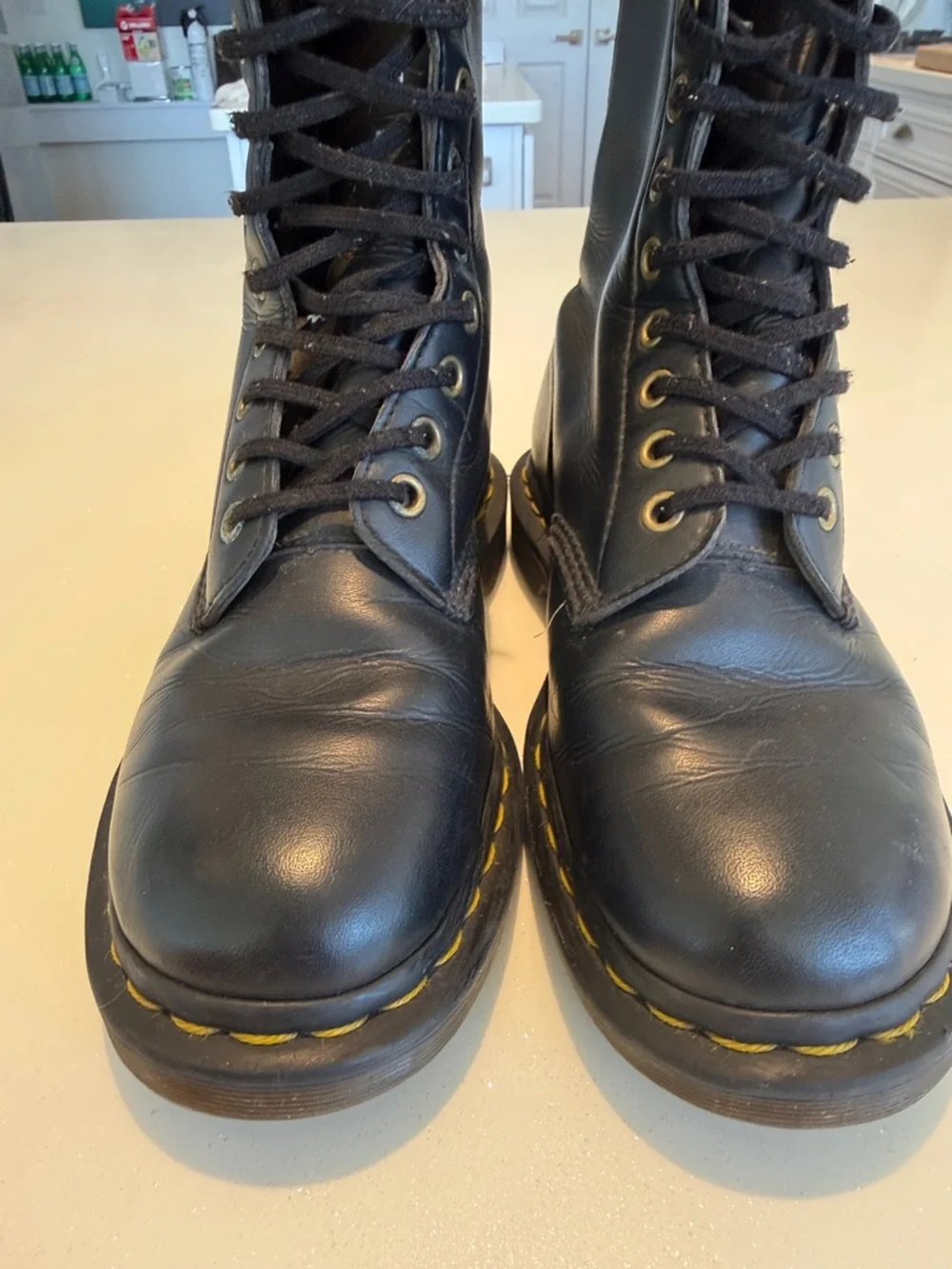 Doc Marten Black Leather Lace-Up Combat Boots with Yellow Stitching 8 - Picture 6 of 15